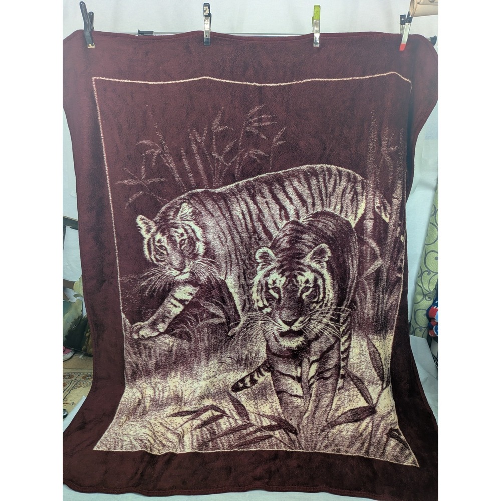 Vintage San Marcos Large Tiger Blanket Deep Red Beige Plush Throw 72" x 88"